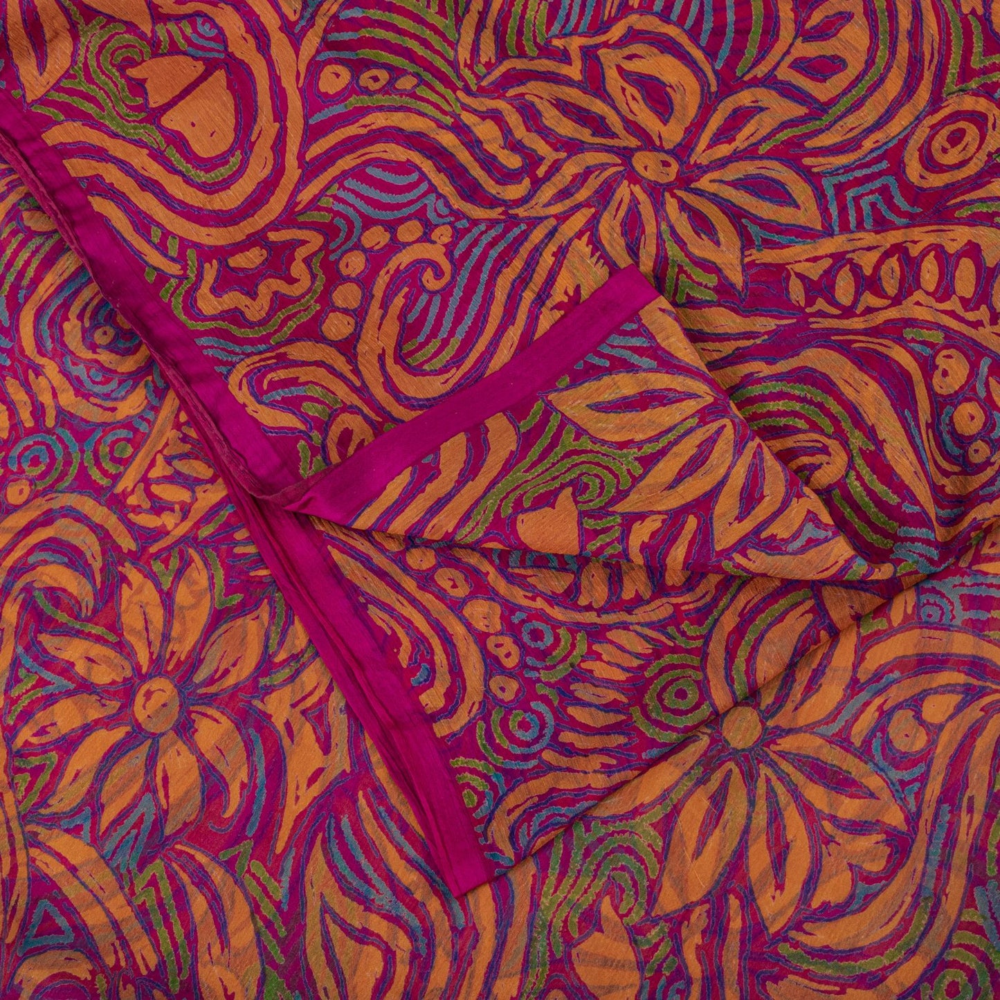 Sanskriti Vintage Saree Pink Pure Chiffon Floral Printed Sari 5.5+Yard Fabric