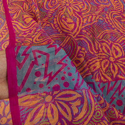 Sanskriti Vintage Saree Pink Pure Chiffon Floral Printed Sari 5.5+Yard Fabric
