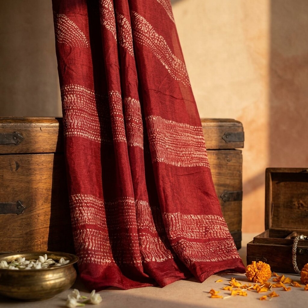 Sanskriti Vintage Saree Maroon Pure Georgette Silk Batik Work Sari 5+Yard Fabric