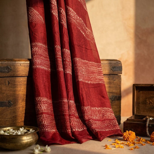 Sanskriti Vintage Saree Maroon Pure Georgette Silk Batik Work Sari 5+Yard Fabric