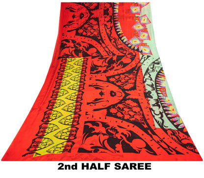 Sanskriti Vintage Saree Red Pure Georgette Silk Floral Print Sari 5+Yard Fabric
