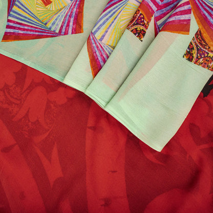 Sanskriti Vintage Saree Red Pure Georgette Silk Floral Print Sari 5+Yard Fabric