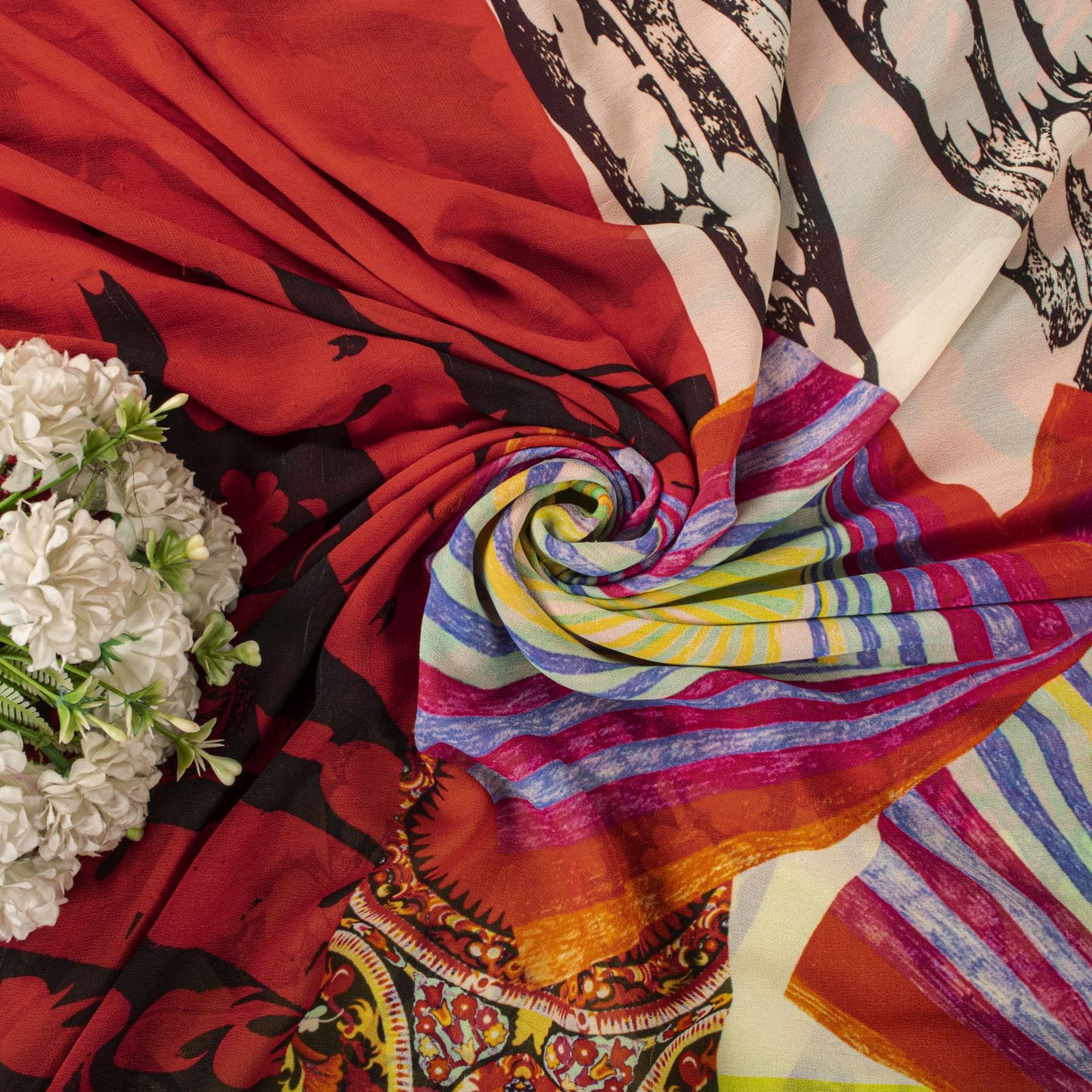 Sanskriti Vintage Saree Red Pure Georgette Silk Floral Print Sari 5+Yard Fabric