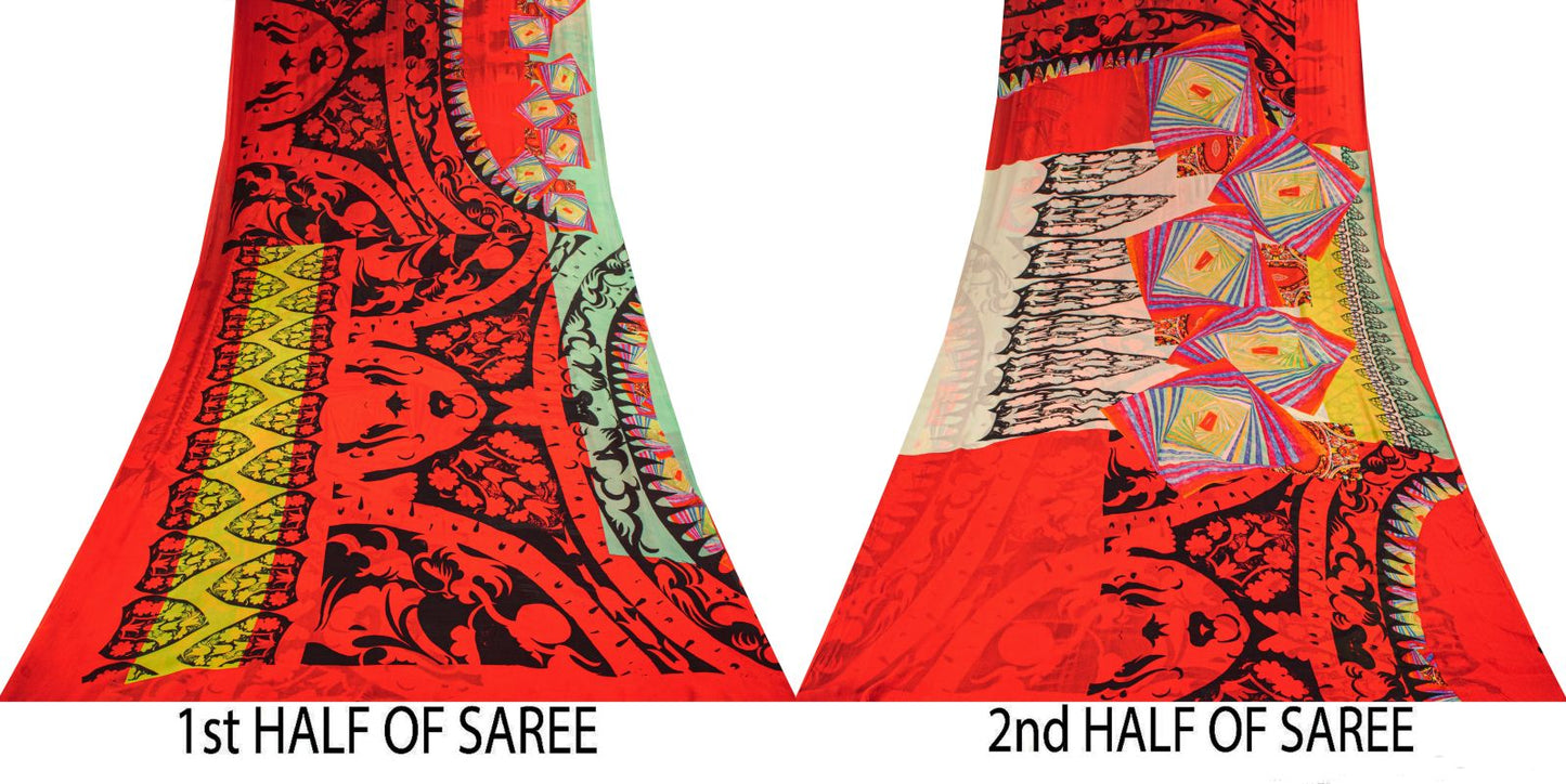 Sanskriti Vintage Saree Red Pure Georgette Silk Floral Print Sari 5+Yard Fabric