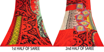 Sanskriti Vintage Saree Red Pure Georgette Silk Floral Print Sari 5+Yard Fabric