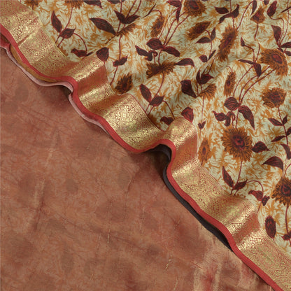 Sanskriti Vintage Sarees ivory & Brown Pure Georgette Print Zari Sari Fabric