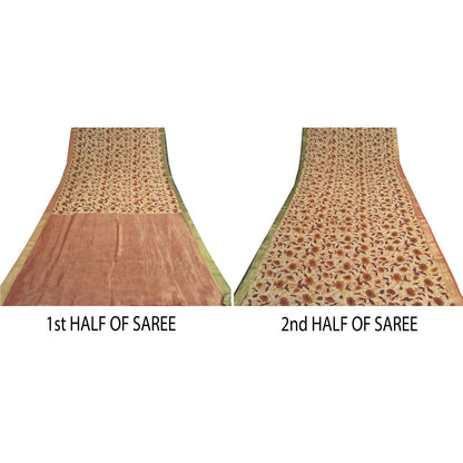 Sanskriti Vintage Sarees ivory & Brown Pure Georgette Print Zari Sari Fabric