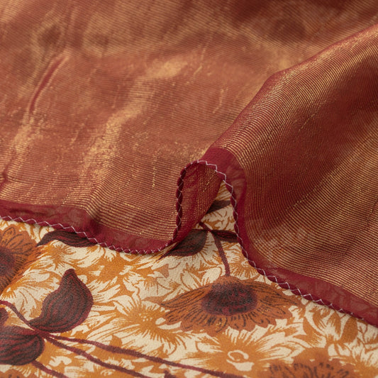 Sanskriti Vintage Sarees ivory & Brown Pure Georgette Print Zari Sari Fabric