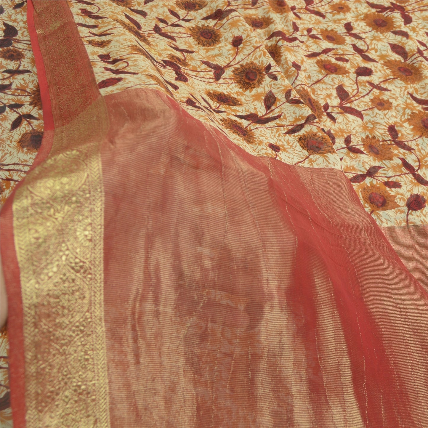 Sanskriti Vintage Sarees ivory & Brown Pure Georgette Print Zari Sari Fabric