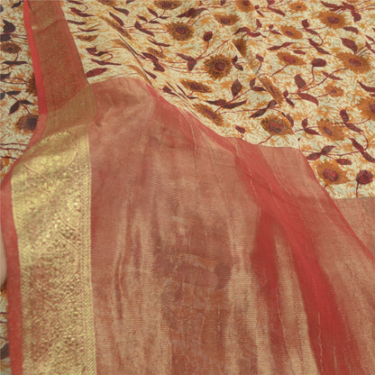 Sanskriti Vintage Sarees ivory & Brown Pure Georgette Print Zari Sari Fabric
