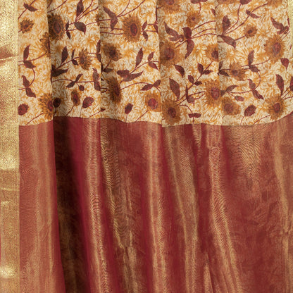 Sanskriti Vintage Sarees ivory & Brown Pure Georgette Print Zari Sari Fabric