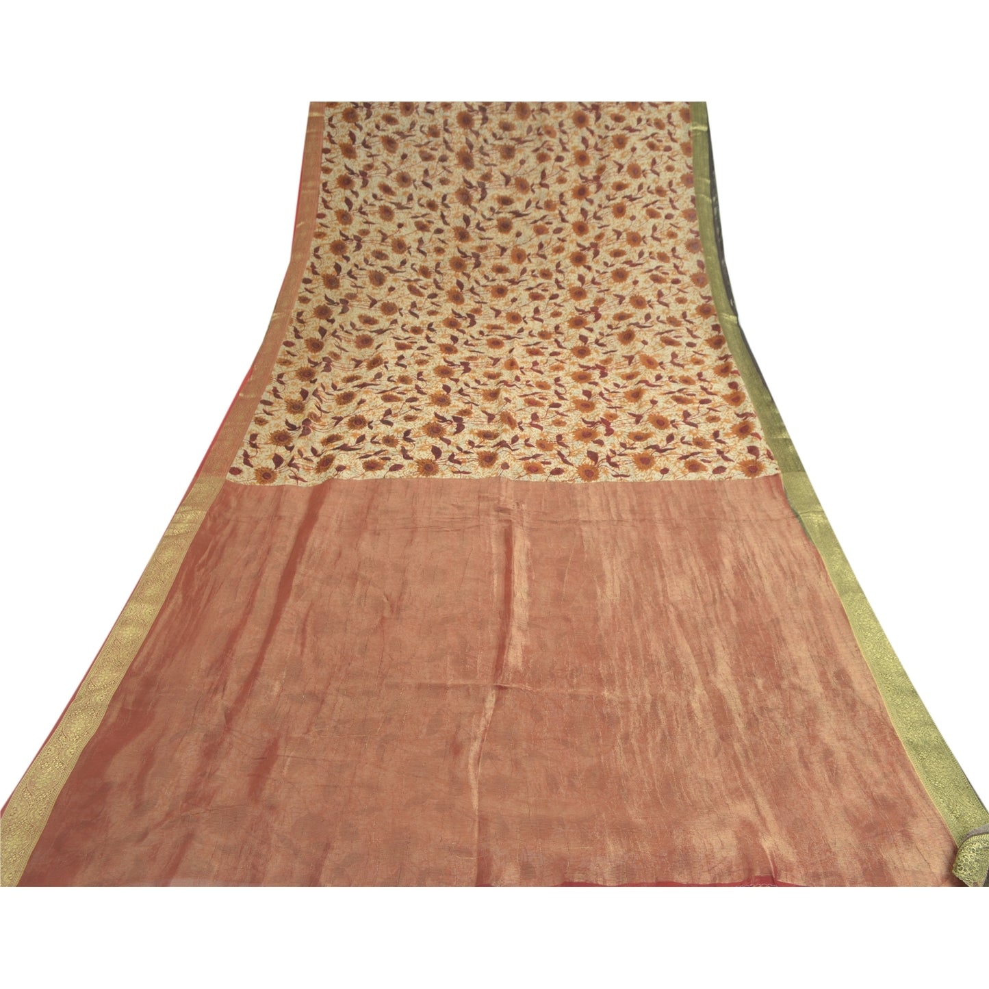 Sanskriti Vintage Sarees ivory & Brown Pure Georgette Print Zari Sari Fabric