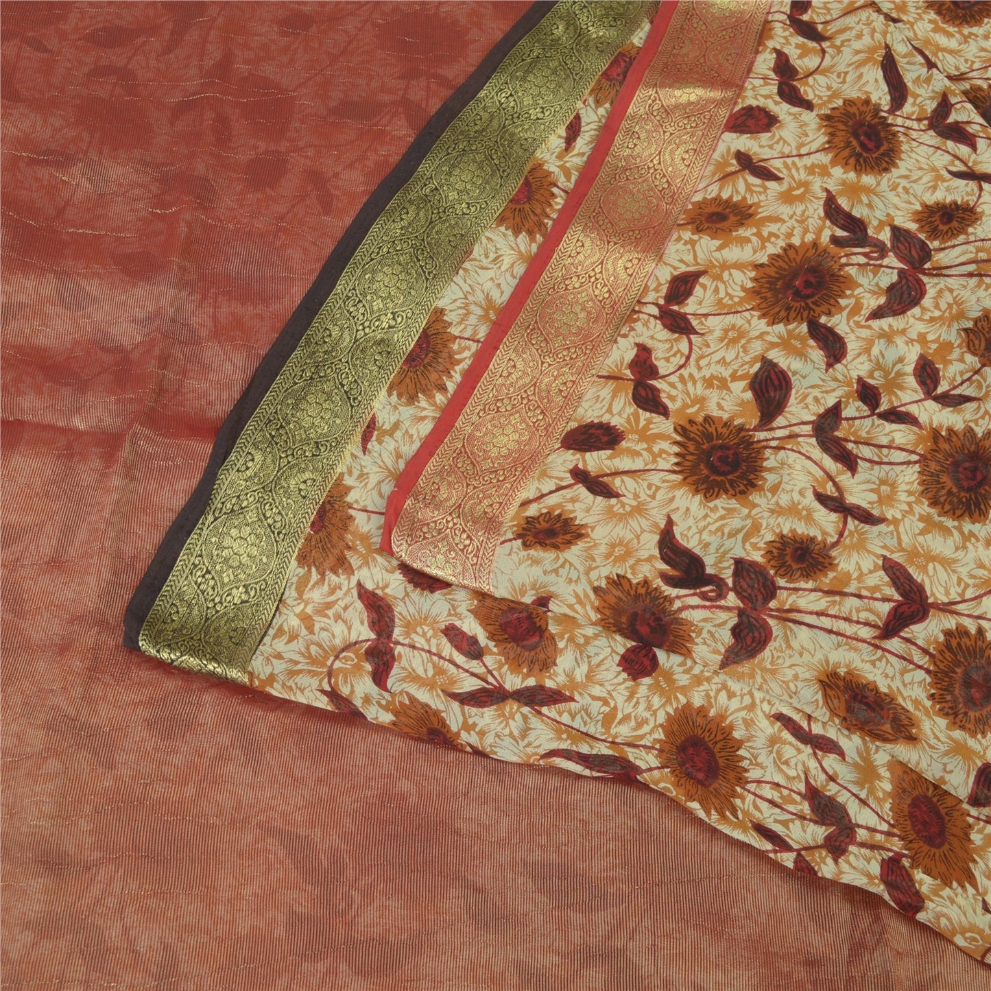 Sanskriti Vintage Sarees ivory & Brown Pure Georgette Print Zari Sari Fabric