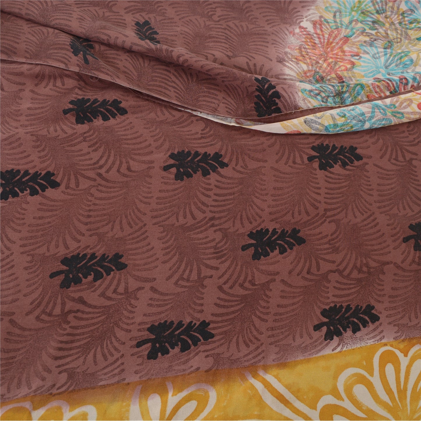 Sanskriti Vintage Sarees Brown Pure Georgette Silk Printed Sari 5yd Craft Fabric
