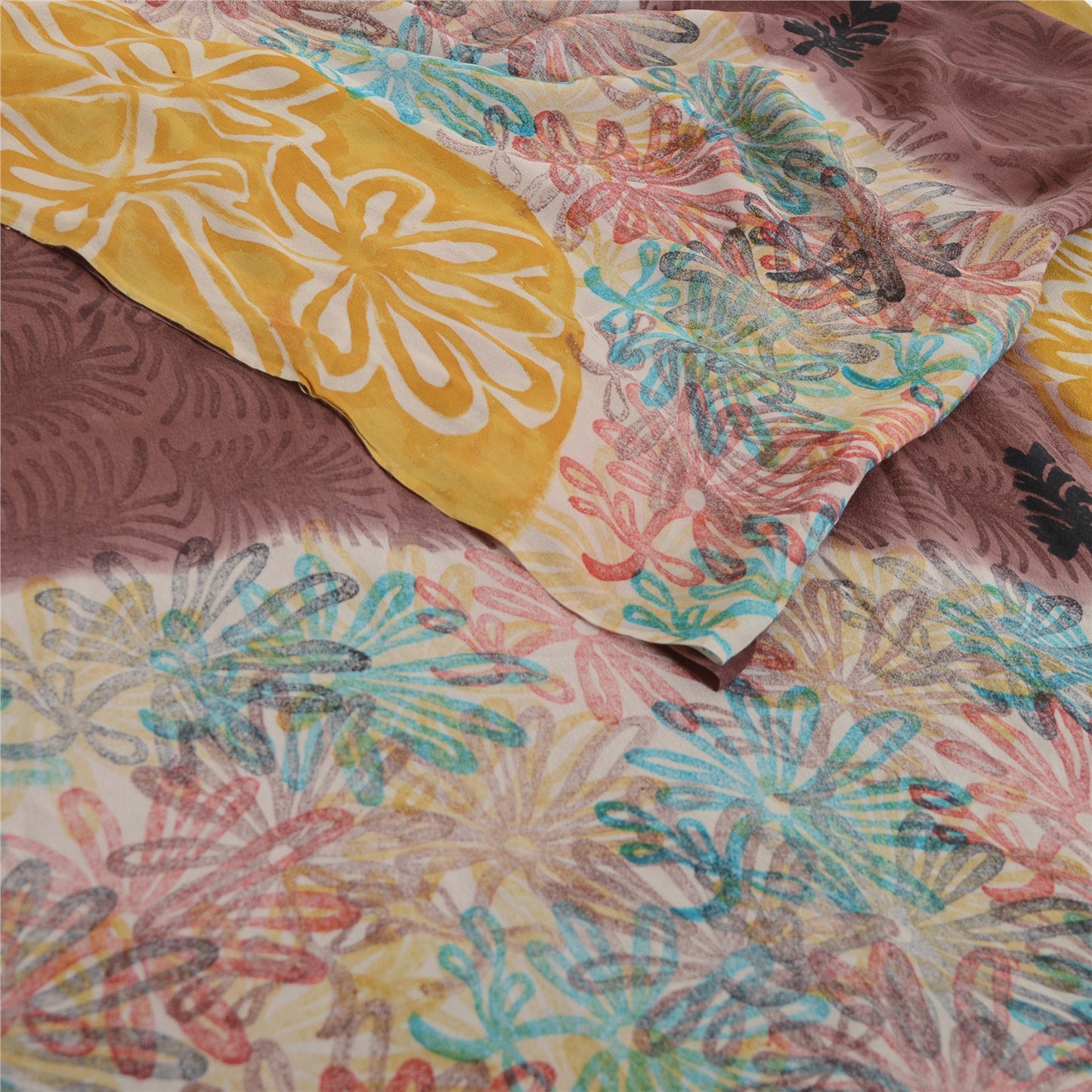 Sanskriti Vintage Sarees Brown Pure Georgette Silk Printed Sari 5yd Craft Fabric