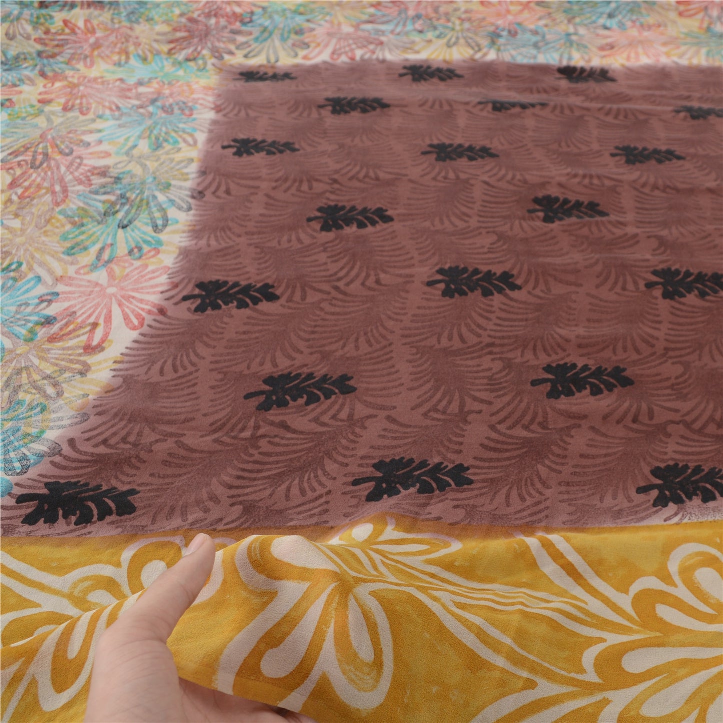Sanskriti Vintage Sarees Brown Pure Georgette Silk Printed Sari 5yd Craft Fabric
