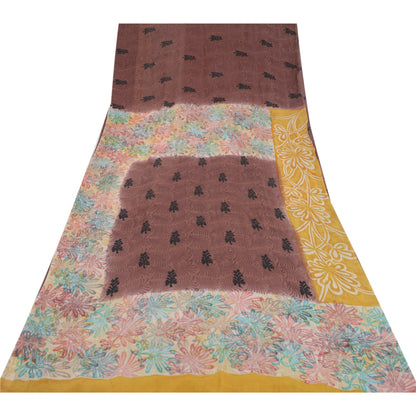 Sanskriti Vintage Sarees Brown Pure Georgette Silk Printed Sari 5yd Craft Fabric