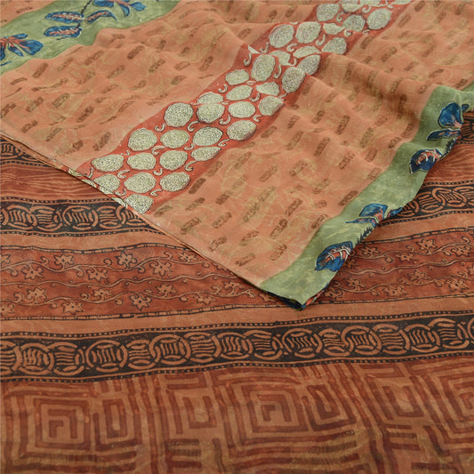 Sanskriti Vintage Indian Orange Pure Georgette Silk Sarees Print Sari Fabric