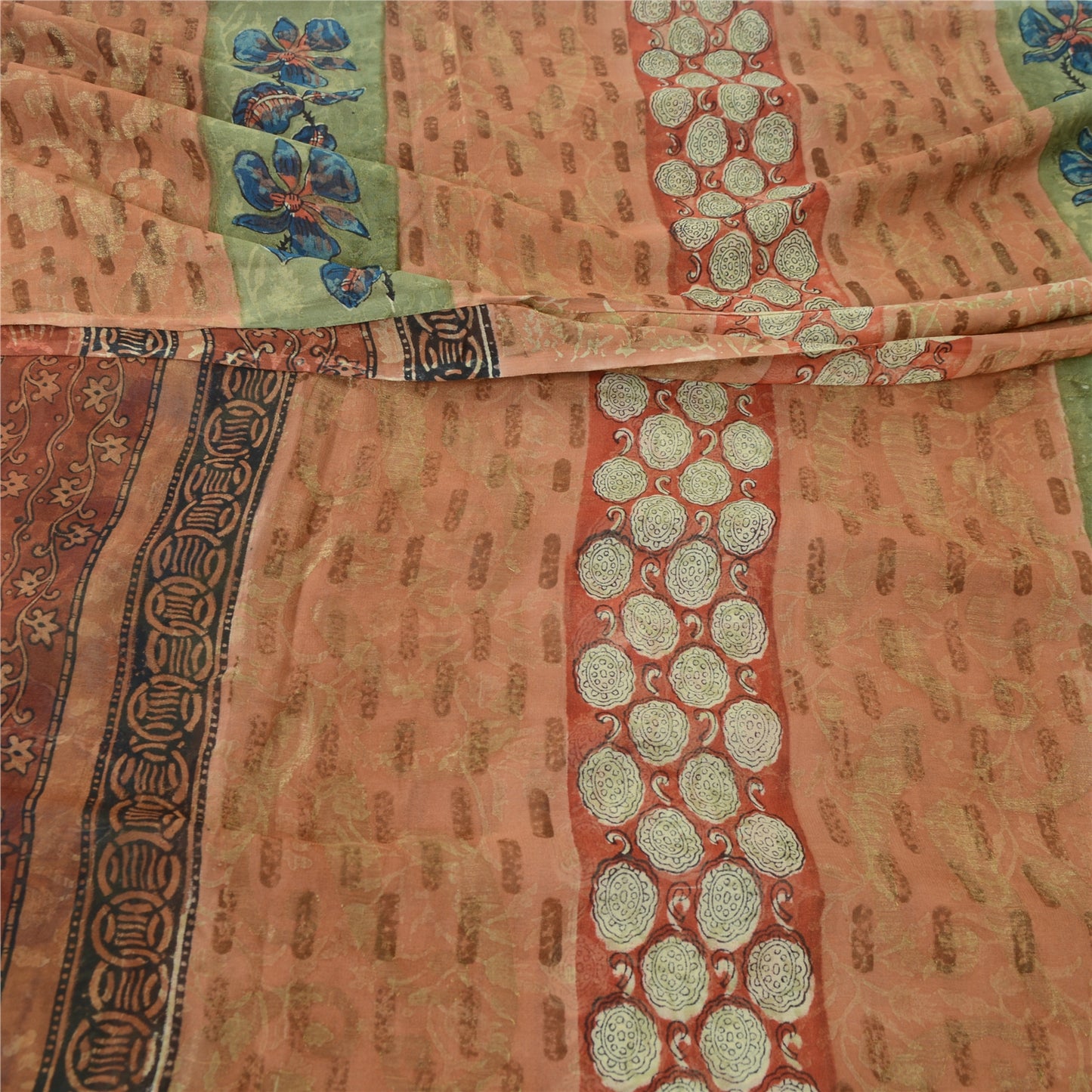 Sanskriti Vintage Indian Orange Pure Georgette Silk Sarees Print Sari Fabric