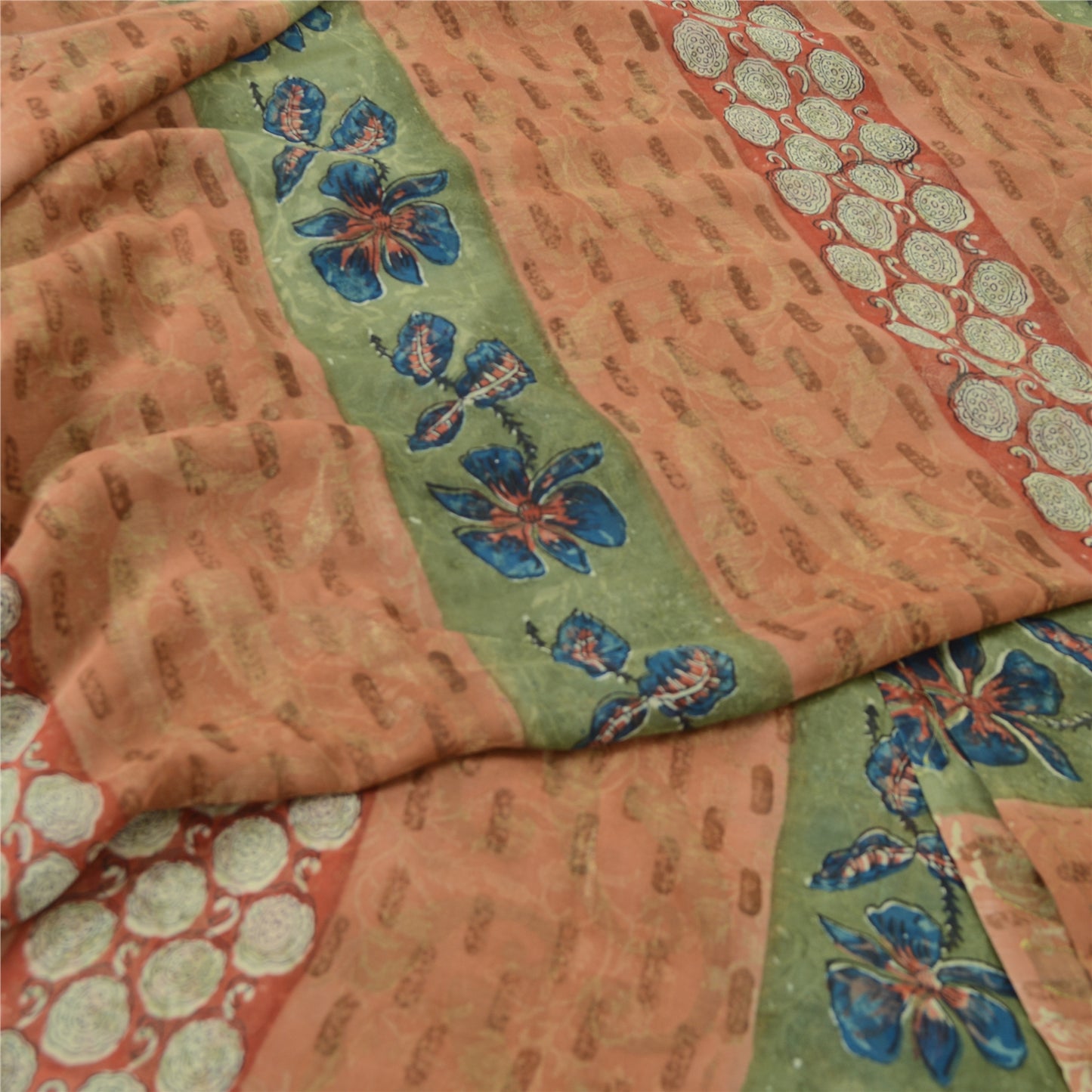 Sanskriti Vintage Indian Orange Pure Georgette Silk Sarees Print Sari Fabric
