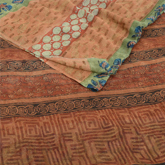 Sanskriti Vintage Indian Orange Pure Georgette Silk Sarees Print Sari Fabric