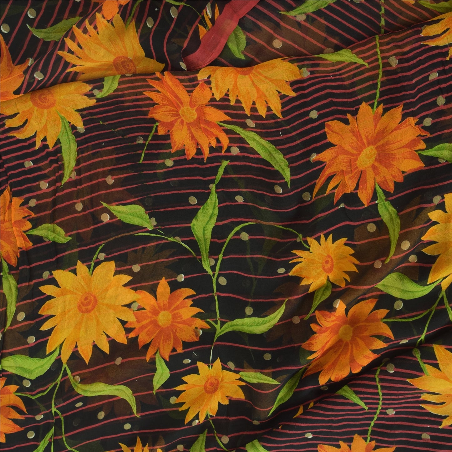 Sanskriti Vintage Black Sarees Blend Georgette Printed Sari 5yd Craft Fabric