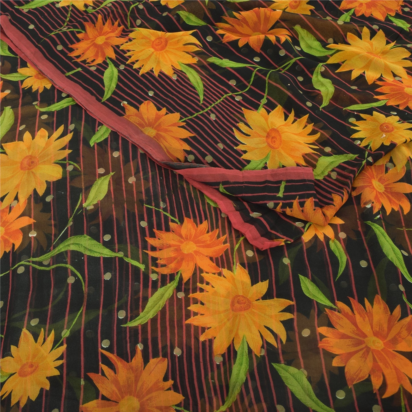 Sanskriti Vintage Black Sarees Blend Georgette Printed Sari 5yd Craft Fabric