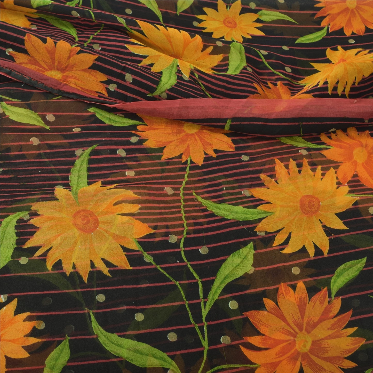 Sanskriti Vintage Black Sarees Blend Georgette Printed Sari 5yd Craft Fabric