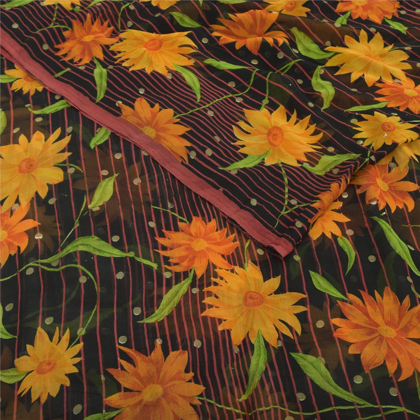 Sanskriti Vintage Black Sarees Blend Georgette Printed Sari 5yd Craft Fabric