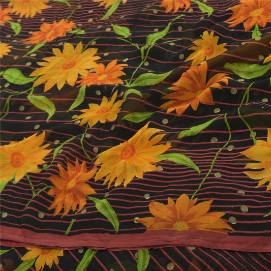 Sanskriti Vintage Black Sarees Blend Georgette Printed Sari 5yd Craft Fabric