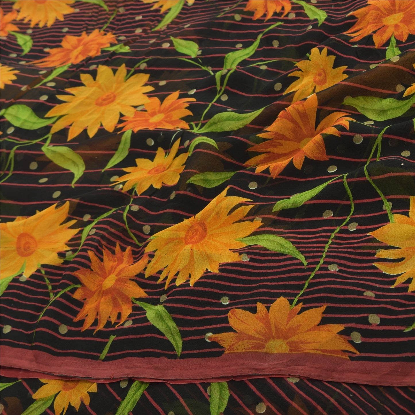 Sanskriti Vintage Black Sarees Blend Georgette Printed Sari 5yd Craft Fabric