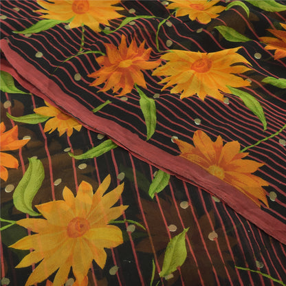 Sanskriti Vintage Black Sarees Blend Georgette Printed Sari 5yd Craft Fabric