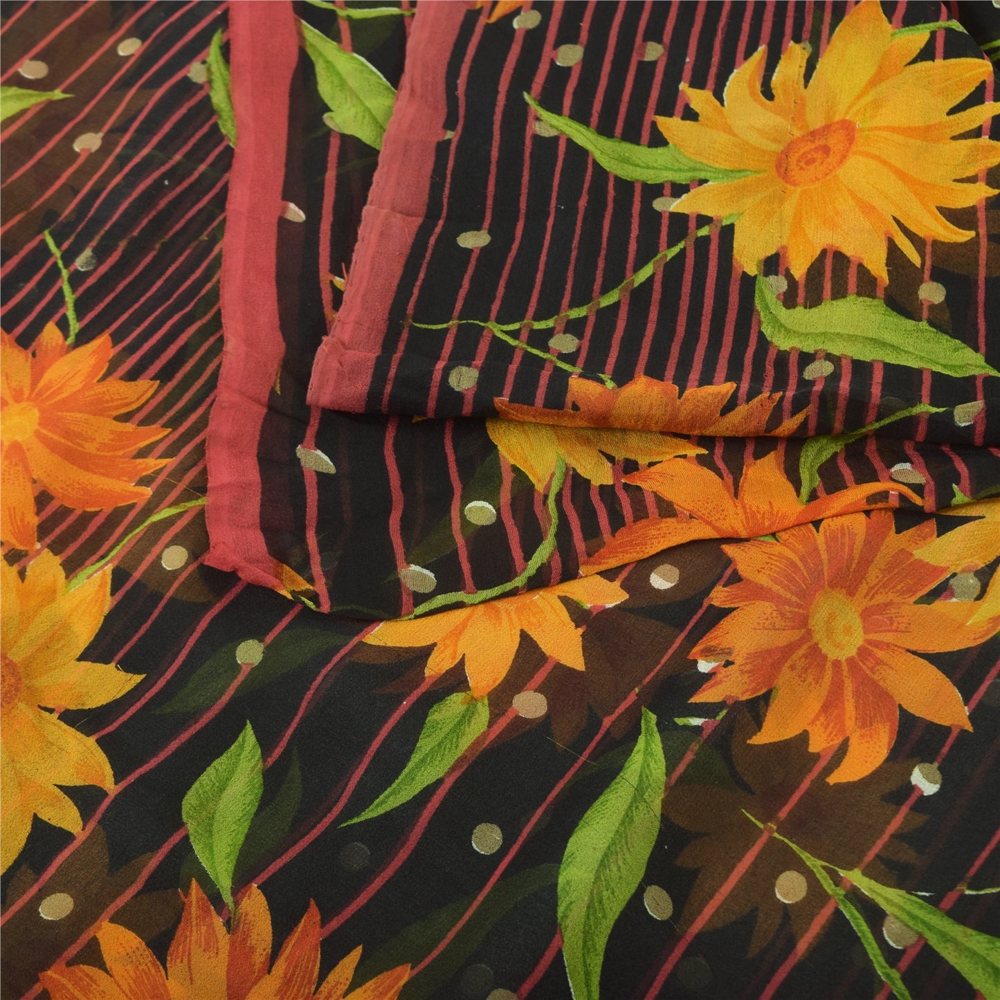 Sanskriti Vintage Black Sarees Blend Georgette Printed Sari 5yd Craft Fabric