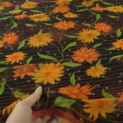 Sanskriti Vintage Black Sarees Blend Georgette Printed Sari 5yd Craft Fabric