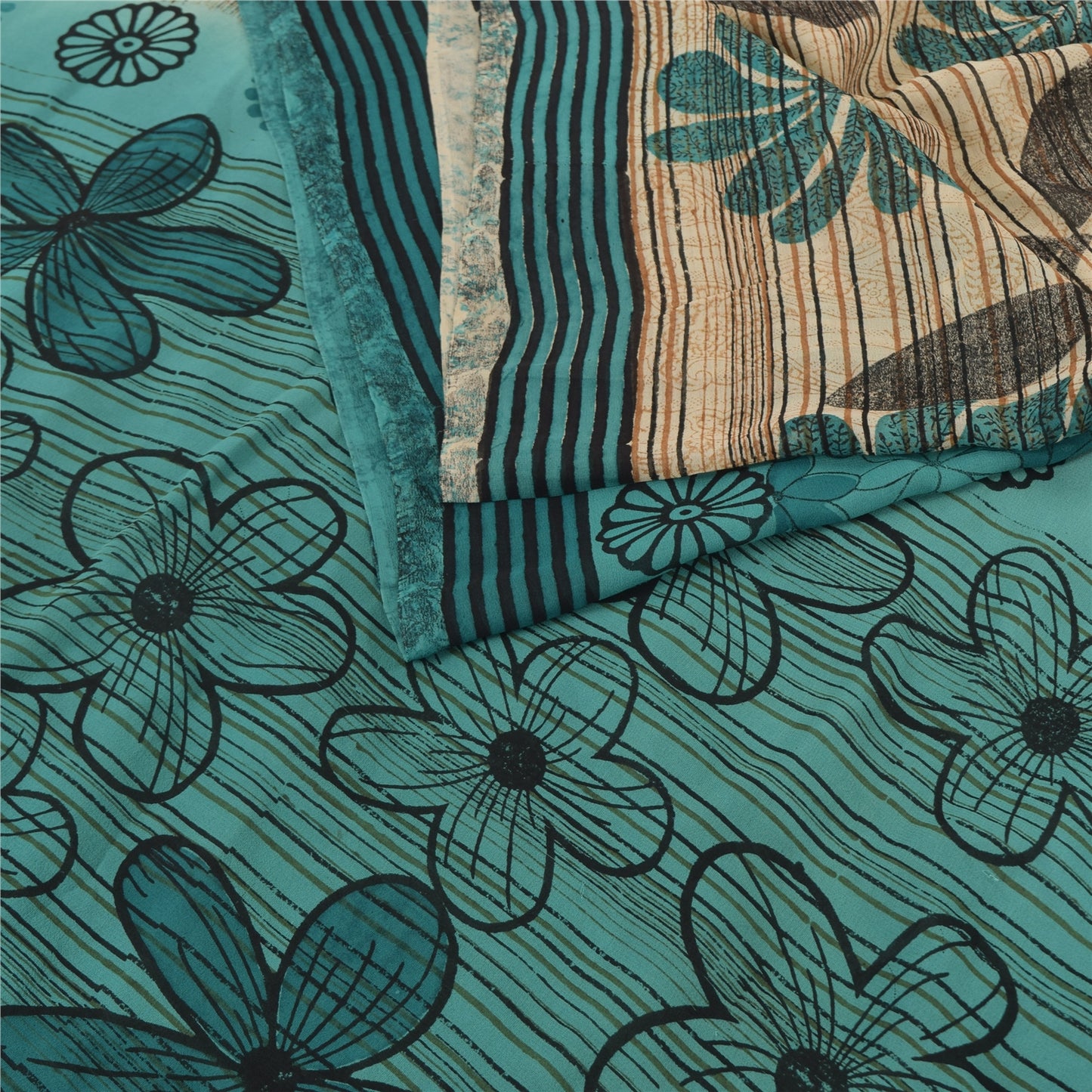 Sanskriti Vintage Green Pure Georgette Silk Sarees Printed Sari 5yd Craft Fabric