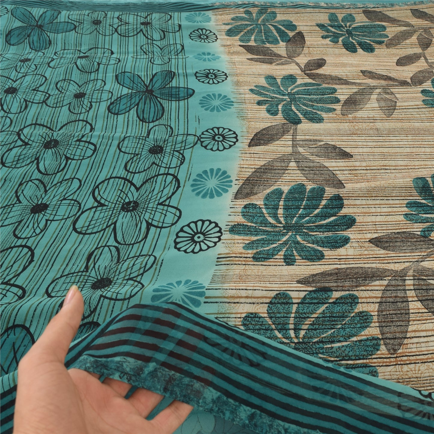 Sanskriti Vintage Green Pure Georgette Silk Sarees Printed Sari 5yd Craft Fabric