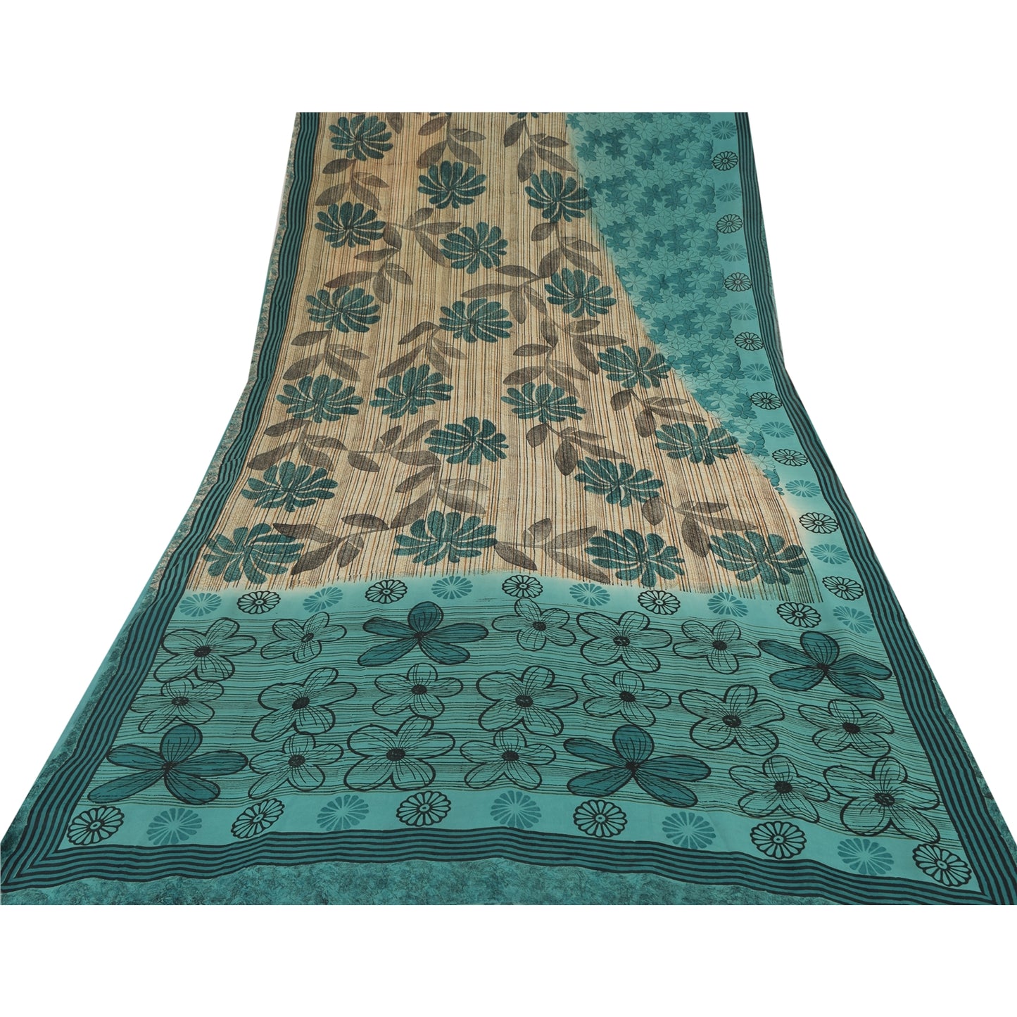 Sanskriti Vintage Green Pure Georgette Silk Sarees Printed Sari 5yd Craft Fabric