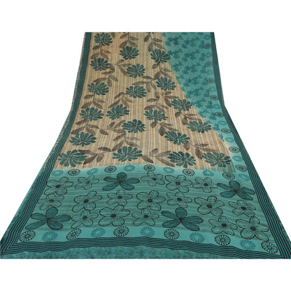 Sanskriti Vintage Green Pure Georgette Silk Sarees Printed Sari 5yd Craft Fabric