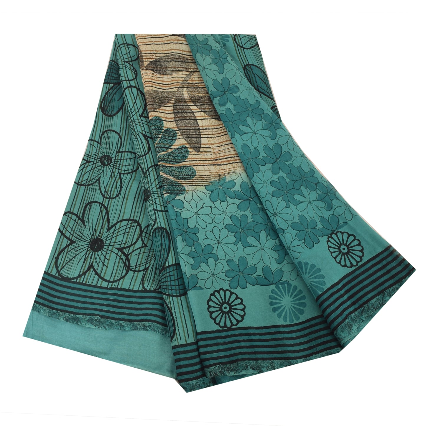 Sanskriti Vintage Green Pure Georgette Silk Sarees Printed Sari 5yd Craft Fabric