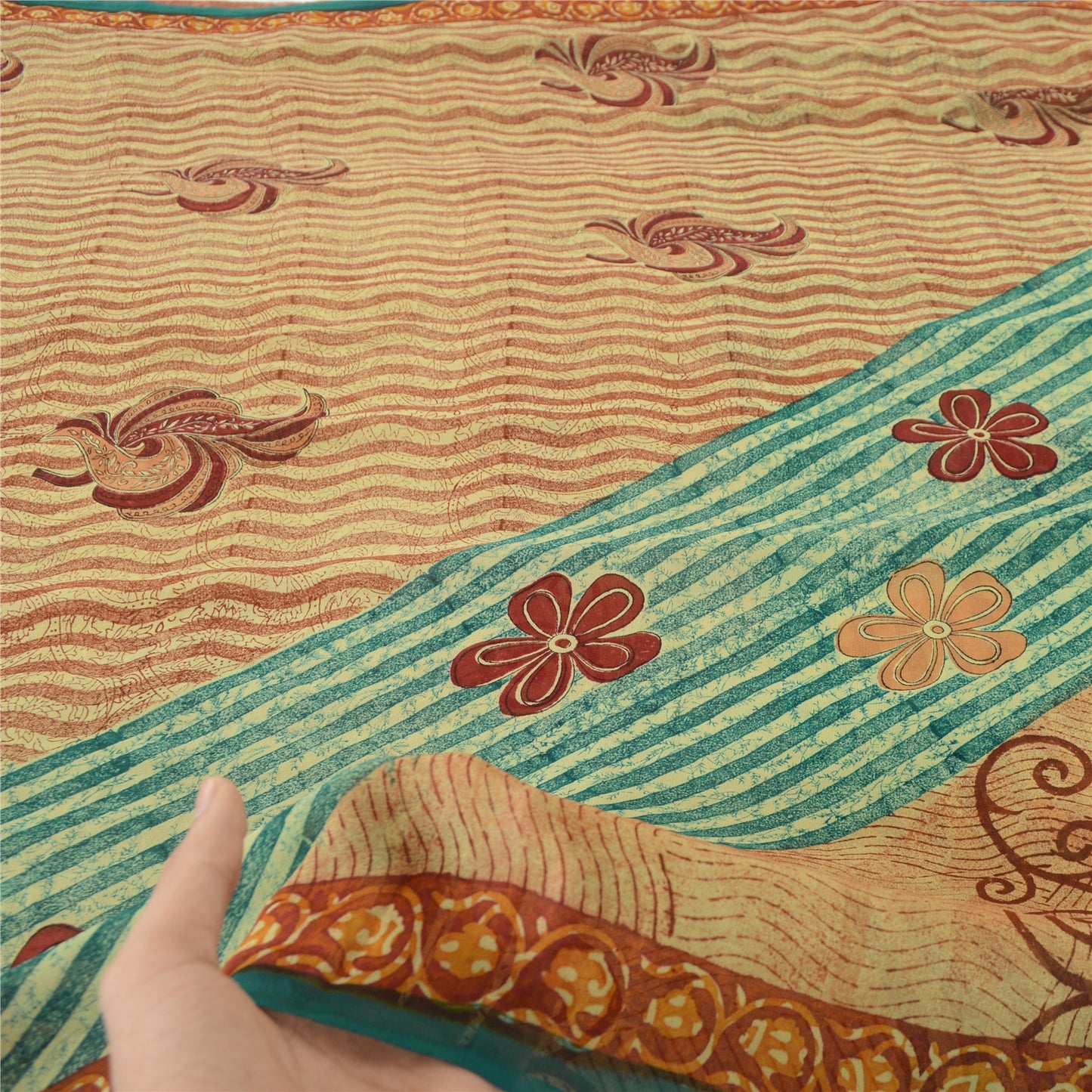 Sanskriti Vintage Cream/Red Sarees Pure Georgette Printed Sari 5yd Craft Fabric