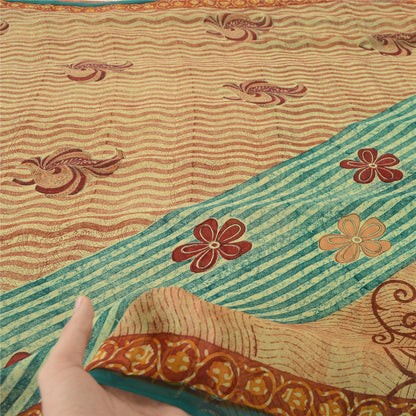 Sanskriti Vintage Cream/Red Sarees Pure Georgette Printed Sari 5yd Craft Fabric