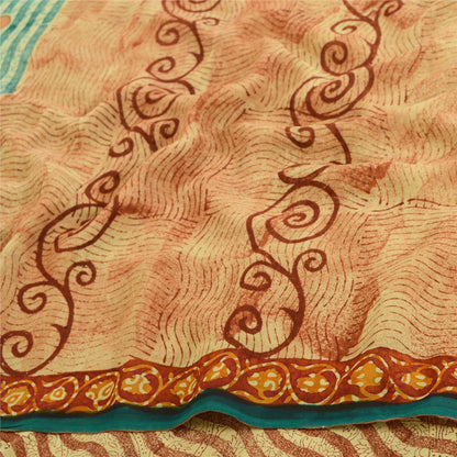 Sanskriti Vintage Cream/Red Sarees Pure Georgette Printed Sari 5yd Craft Fabric