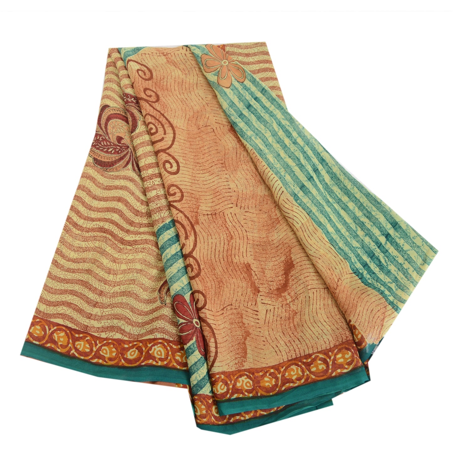 Sanskriti Vintage Cream/Red Sarees Pure Georgette Printed Sari 5yd Craft Fabric