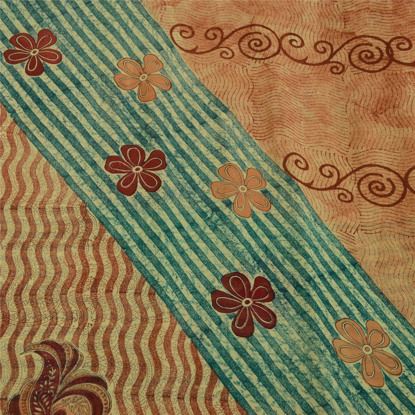 Sanskriti Vintage Cream/Red Sarees Pure Georgette Printed Sari 5yd Craft Fabric