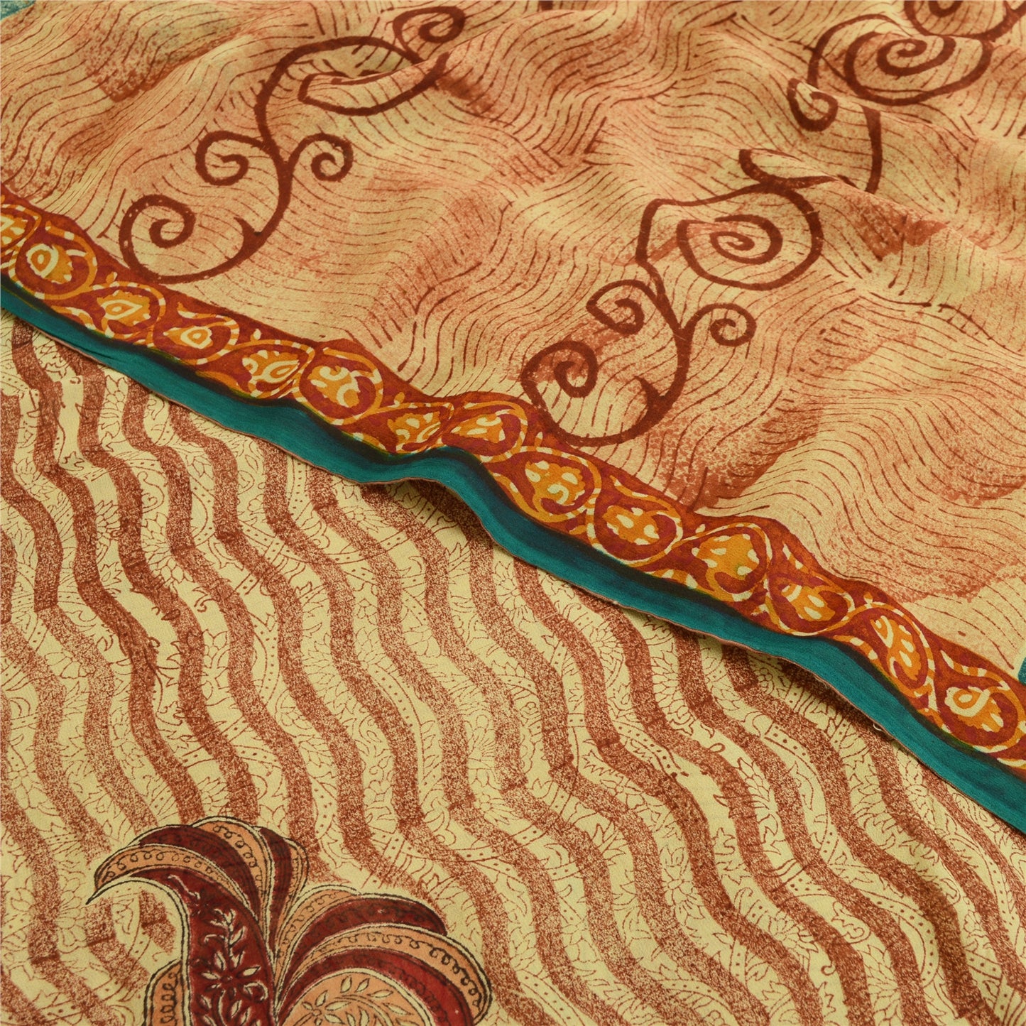 Sanskriti Vintage Cream/Red Sarees Pure Georgette Printed Sari 5yd Craft Fabric