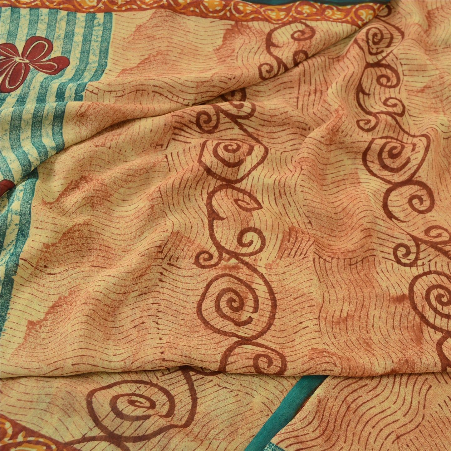 Sanskriti Vintage Cream/Red Sarees Pure Georgette Printed Sari 5yd Craft Fabric