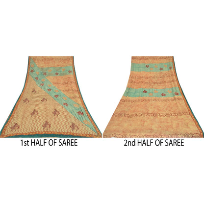 Sanskriti Vintage Cream/Red Sarees Pure Georgette Printed Sari 5yd Craft Fabric