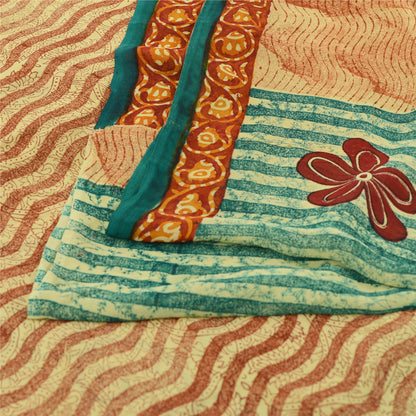 Sanskriti Vintage Cream/Red Sarees Pure Georgette Printed Sari 5yd Craft Fabric