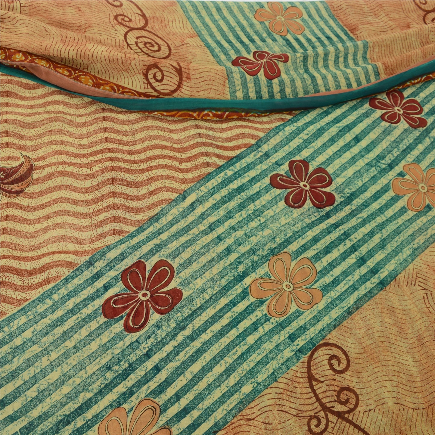 Sanskriti Vintage Cream/Red Sarees Pure Georgette Printed Sari 5yd Craft Fabric