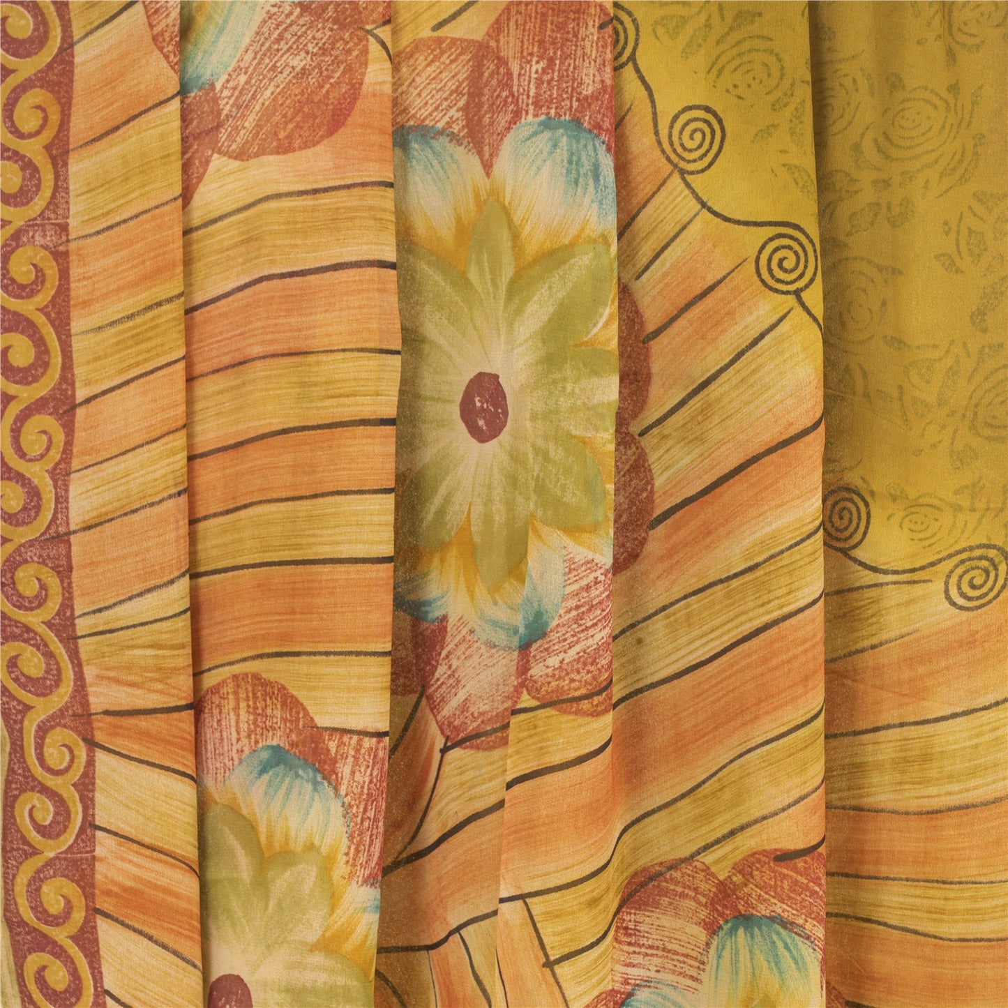 Sanskriti Vintage Green Sarees Pure Georgette Floral Printed Sari Craft Fabric